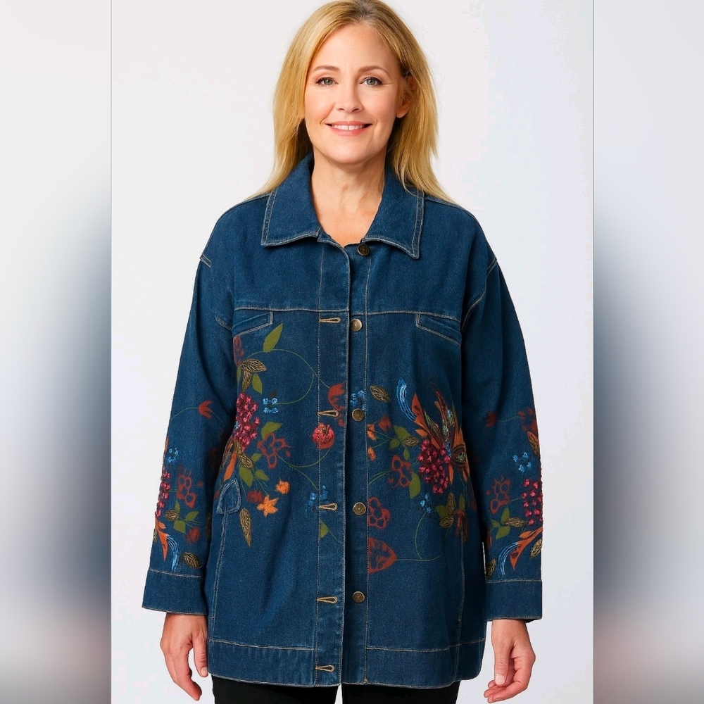 Susan Graver Bohemian Beaded  Embroidered Painted Denim Chore Jacket Floral  1X